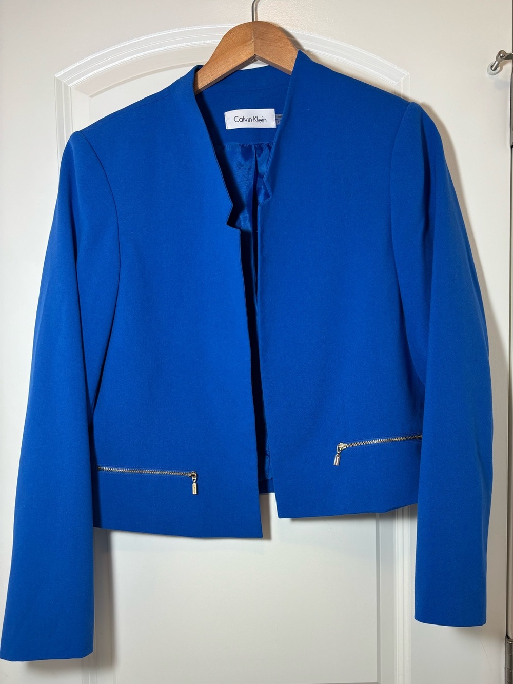 Calvin Klein Bold Blue Collarless Zip-Pocket Blazer